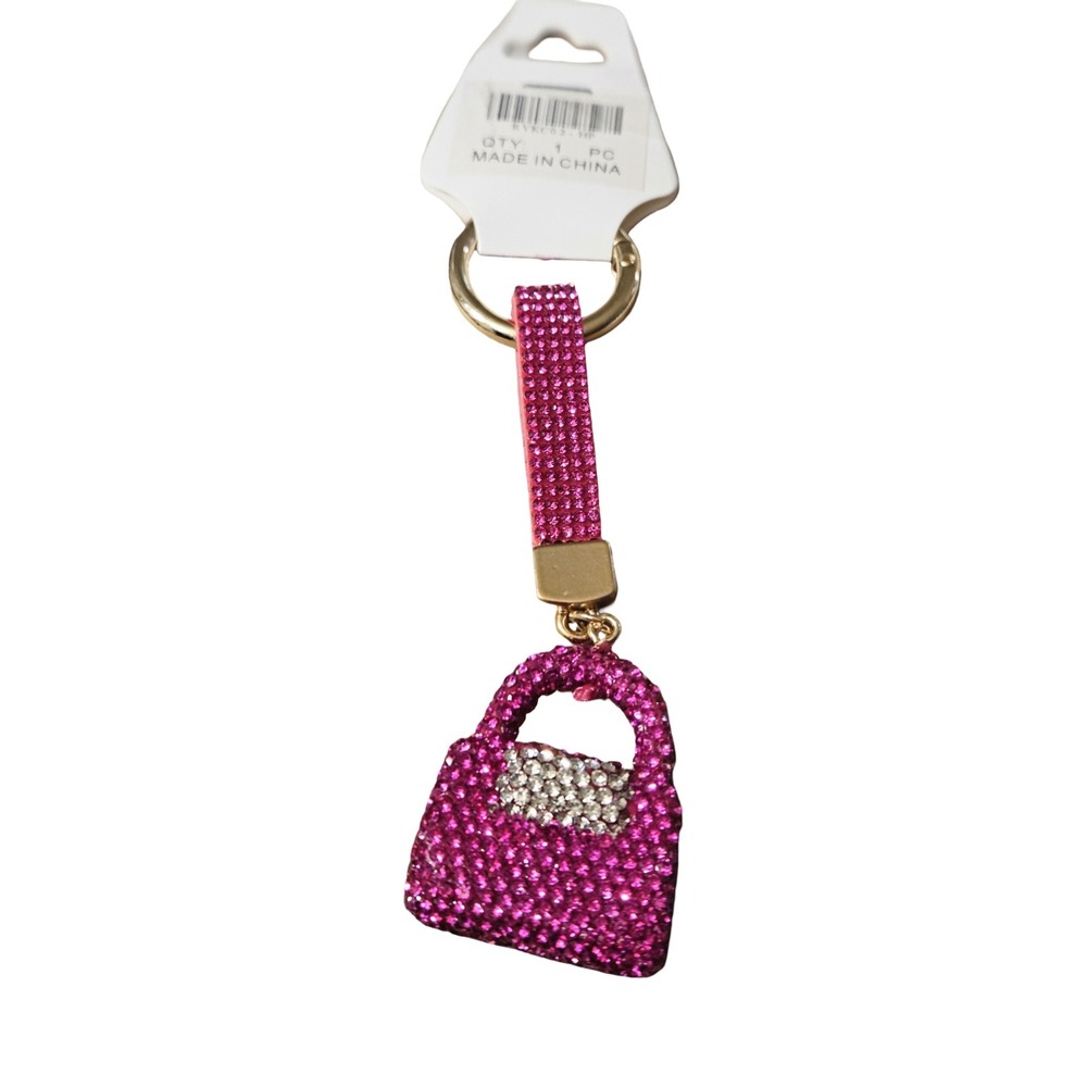 Hot Pink Rhinestone Purse Keychain Crystal Handbag Bag Charm Gold Tone Accessory